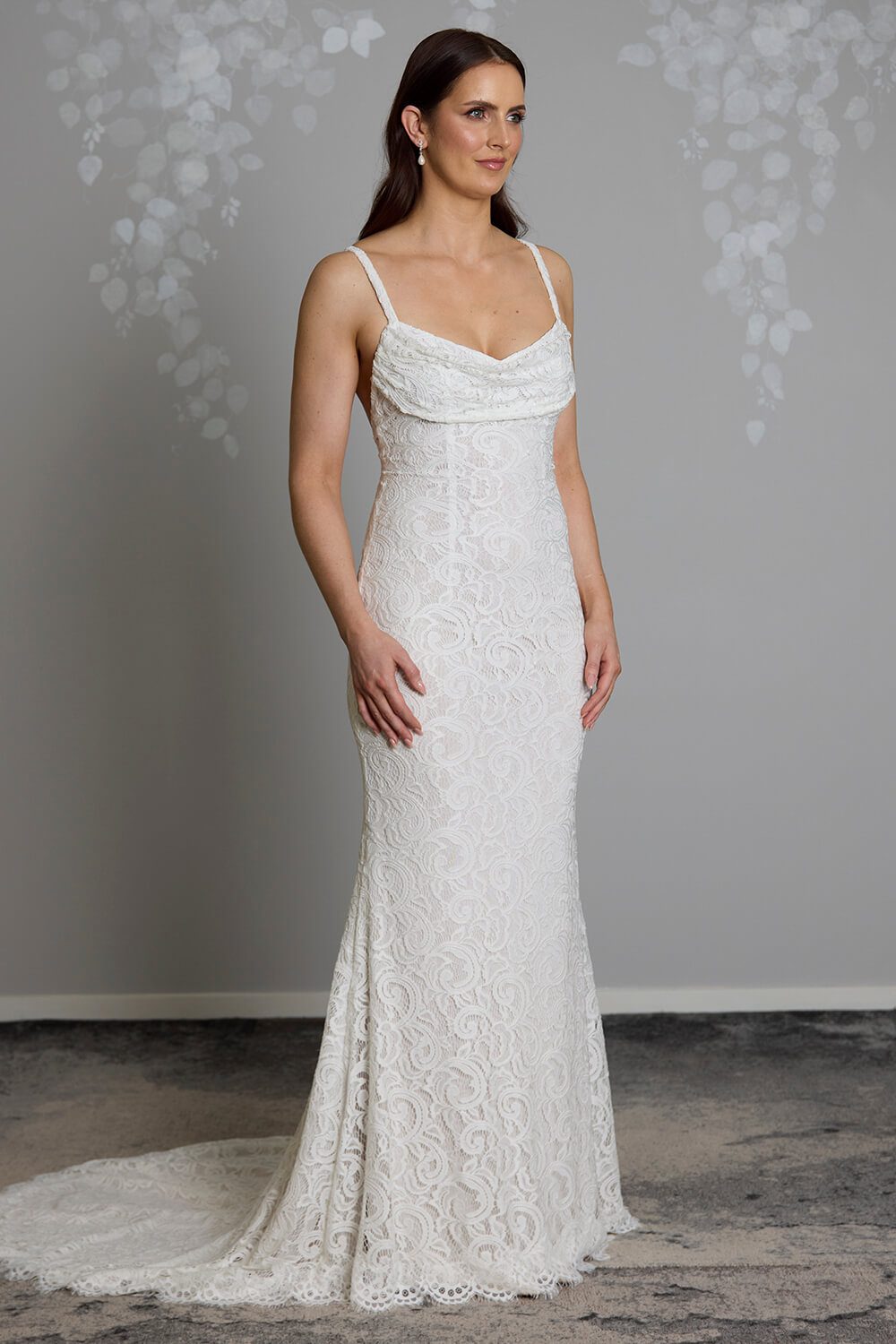 Cove stretch lace wedding dress with cowl neckline, low cross-strap back and light nude power stretch base