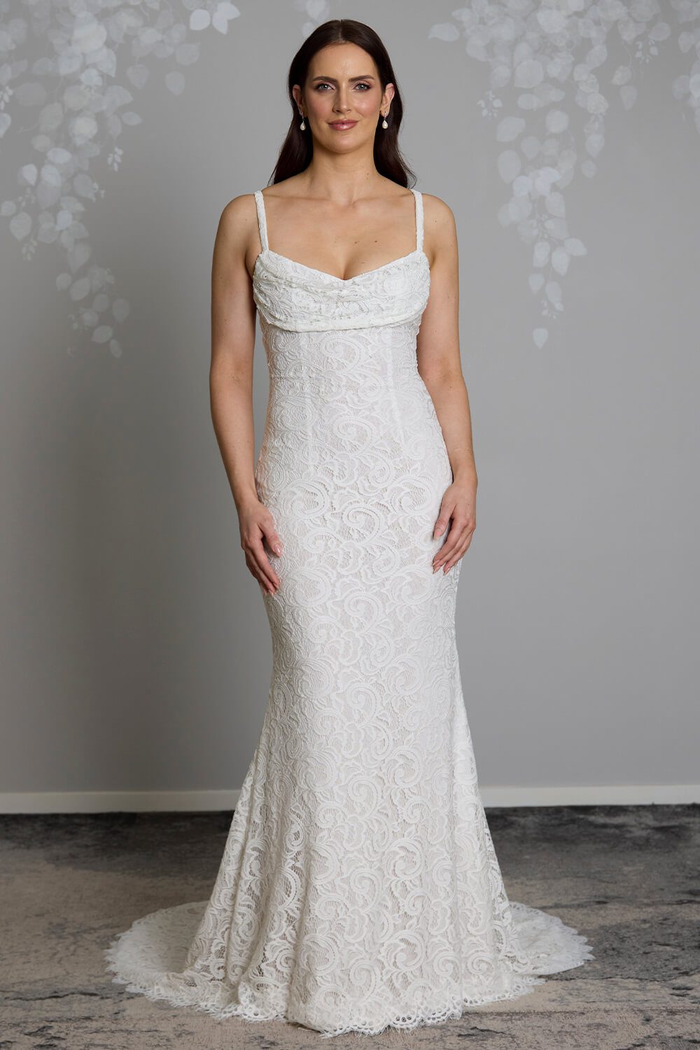 Cove stretch lace wedding dress with cowl neckline, low cross-strap back and light nude power stretch base