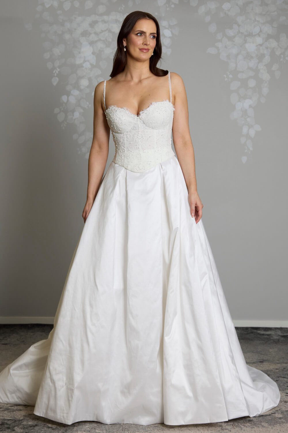 Giselle two-piece wedding dress with semi-sheer beaded lace corset bodice, delicate beaded straps and full silk Dupion skirt