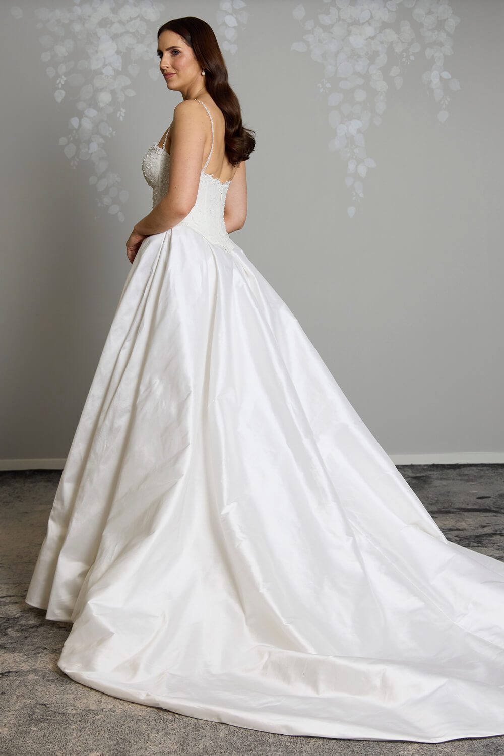 Giselle two-piece wedding dress with semi-sheer beaded lace corset bodice, delicate beaded straps and full silk Dupion skirt