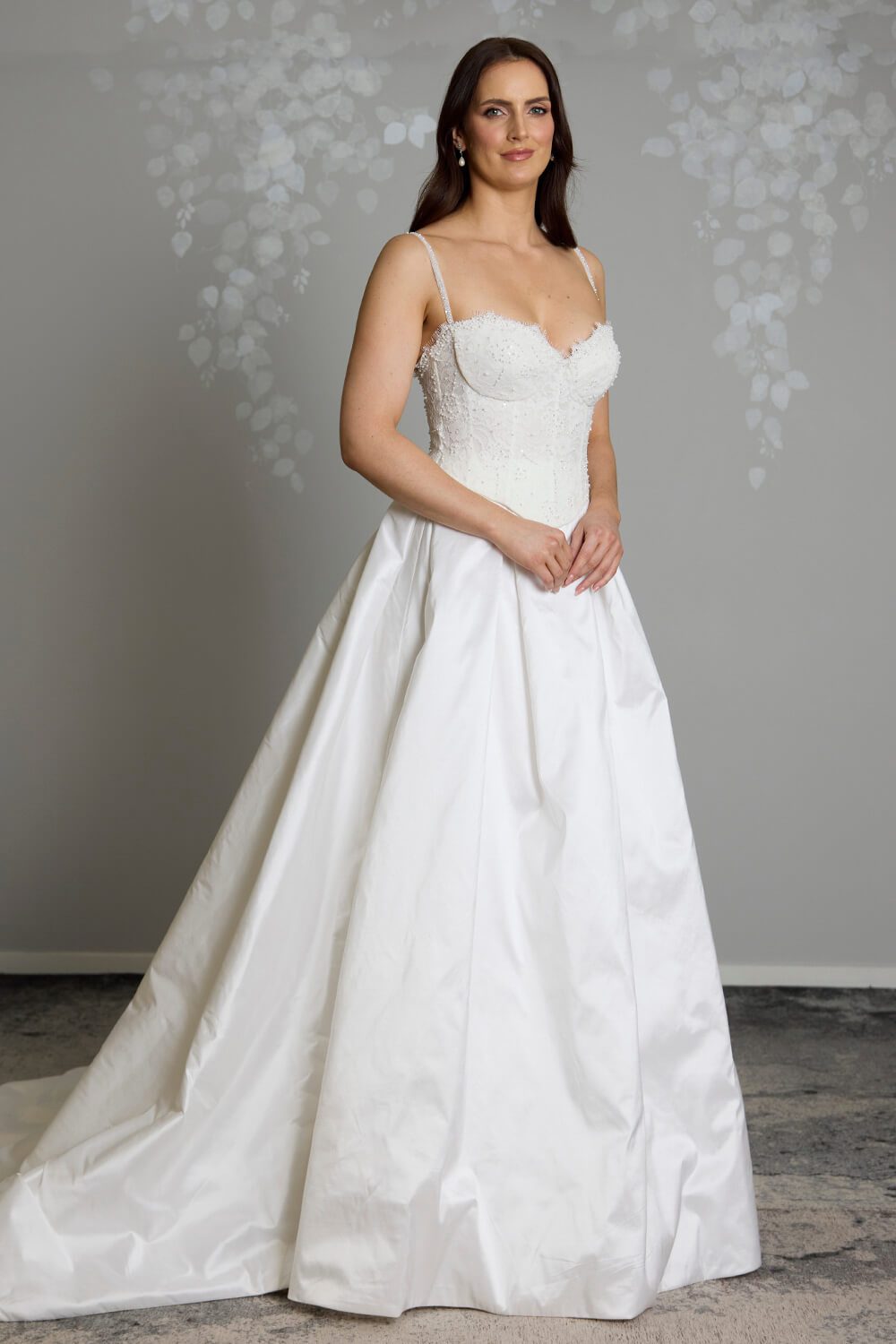 Giselle two-piece wedding dress with semi-sheer beaded lace corset bodice, delicate beaded straps and full silk Dupion skirt