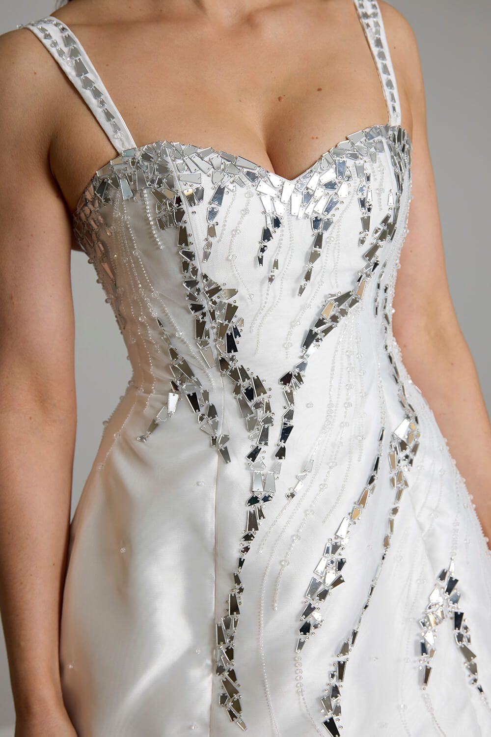 Mira embellished bridal mini dress with sweetheart neckline, beaded straps and cascading silver beadwork