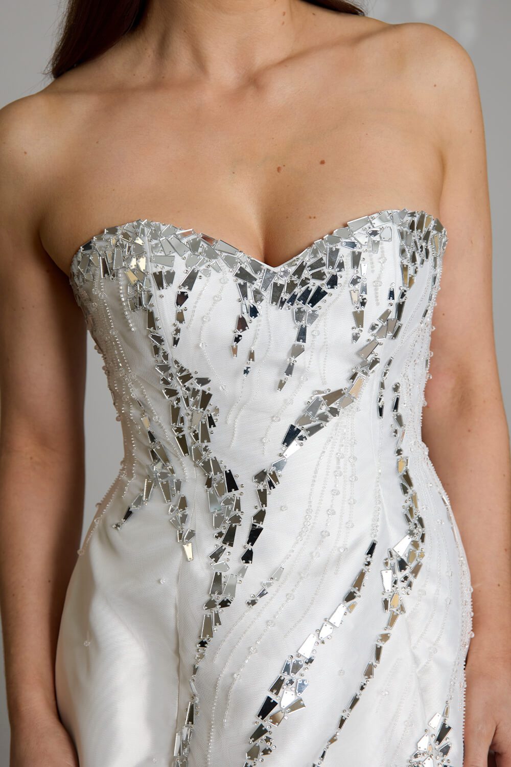 Mira embellished bridal mini dress with sweetheart neckline, beaded straps and cascading silver beadwork