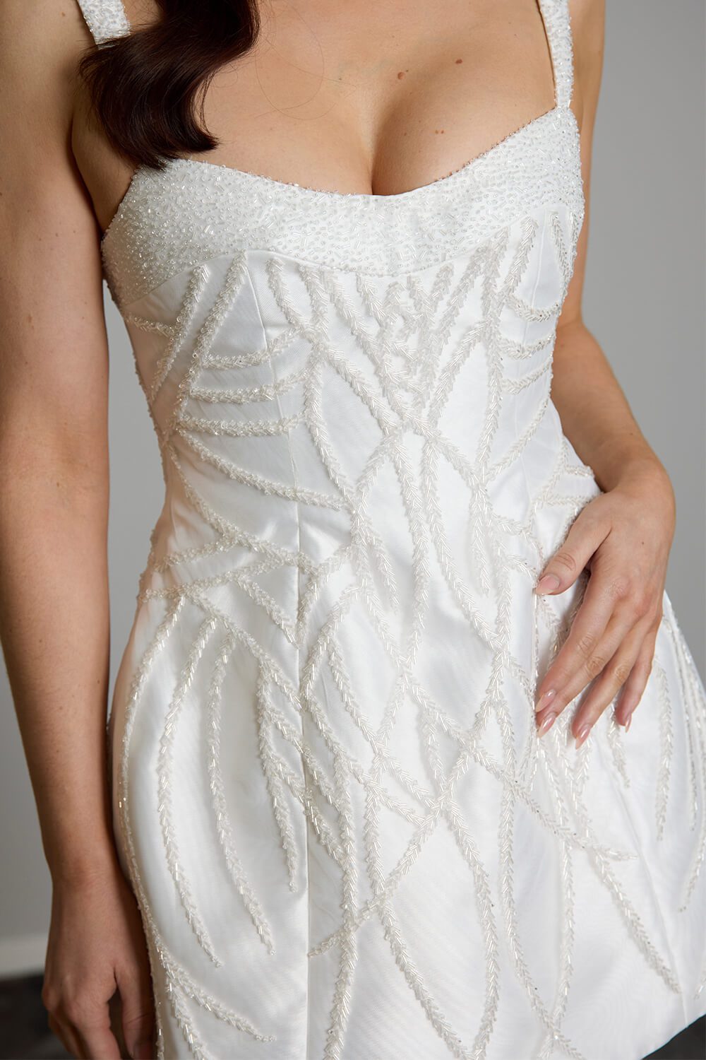 Taylor beaded bridal mini dress with vine embroidery, embellished scoop neckline and beaded straps