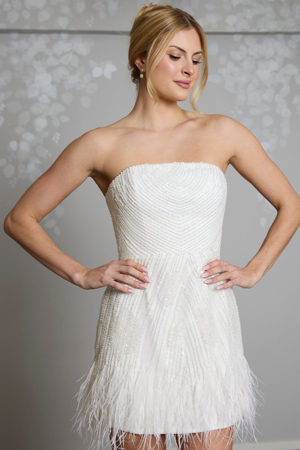 Carrie strapless iridescent beaded bridal mini dress with feather-trimmed hem