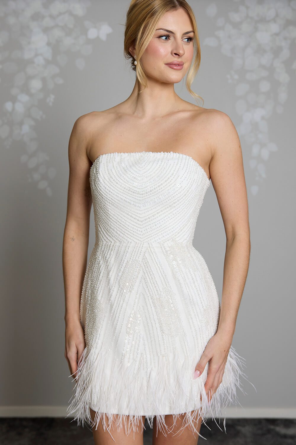 Carrie strapless iridescent beaded bridal mini dress with feather-trimmed hem