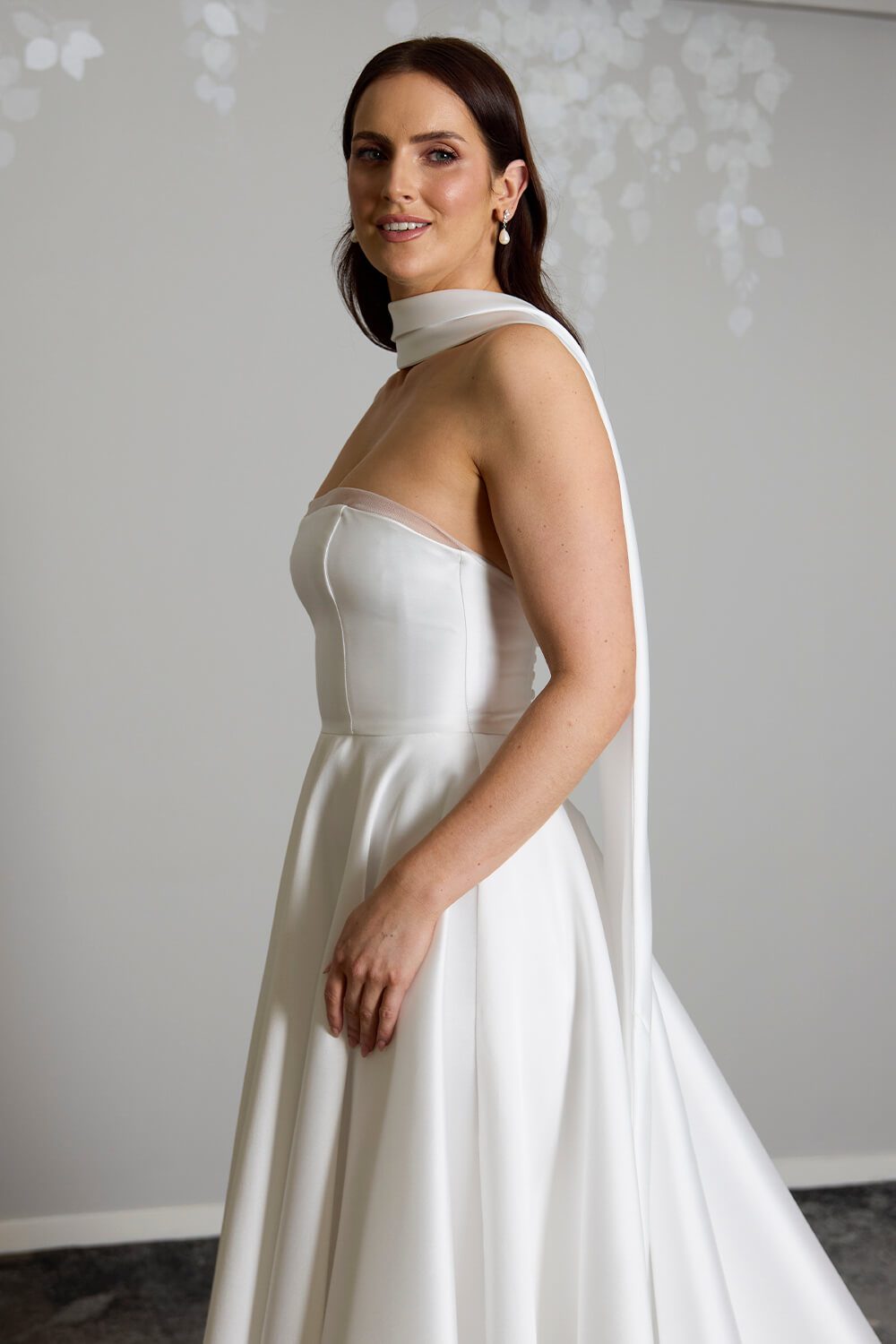 Millie Mikado bridal scarf by Vinka Design, pictured styled with the Millie wedding gown for a modern, sculptural bridal look.