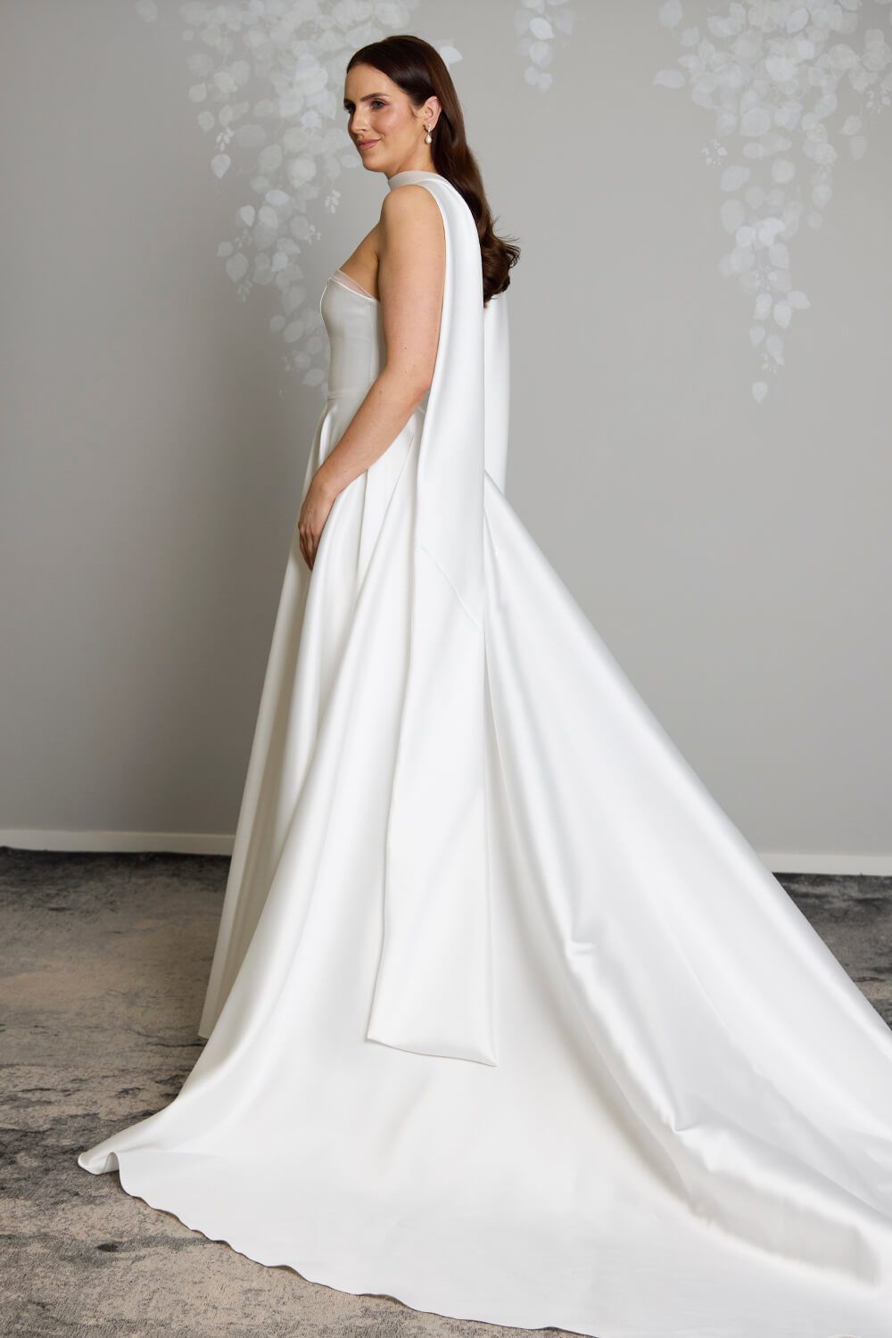 Millie Mikado bridal scarf by Vinka Design, pictured styled with the Millie wedding gown for a modern, sculptural bridal look.