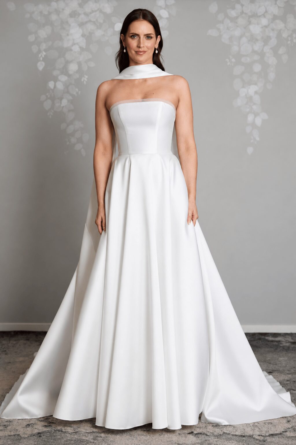 Millie Mikado bridal scarf by Vinka Design, pictured styled with the Millie wedding gown for a modern, sculptural bridal look.