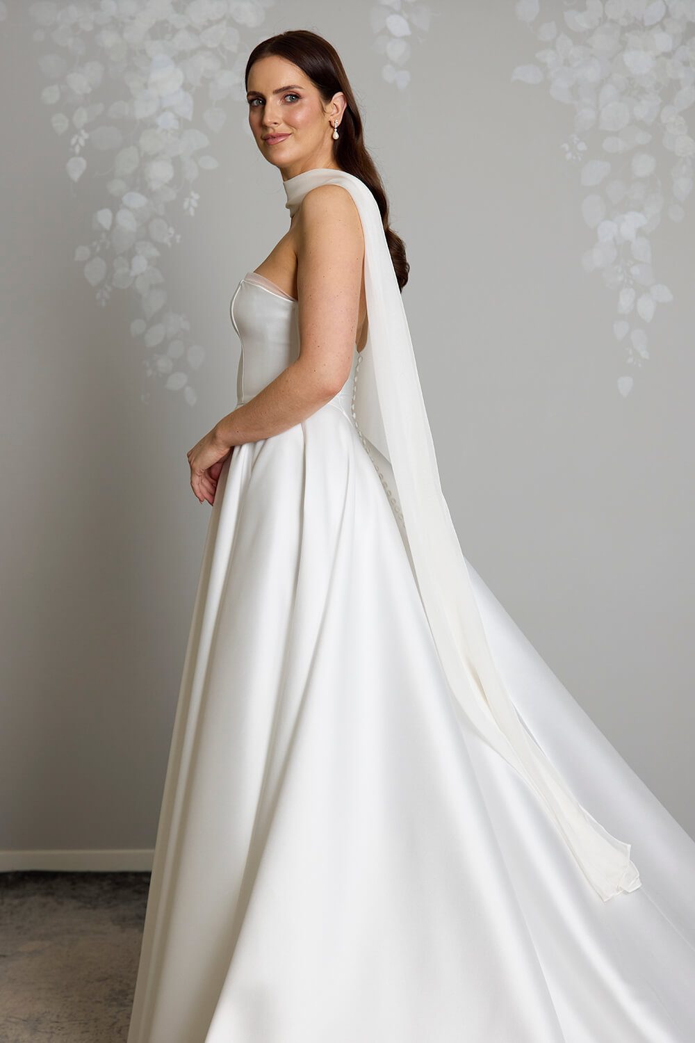 Reem silk chiffon bridal scarf by Vinka Design, featuring a soft, flowing drape for an elegant and romantic bridal look.